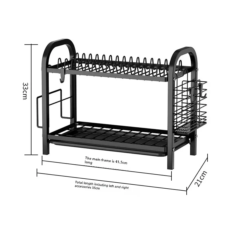 2-Tier Dish Draining Rack with Cutlery Holder Swivel Spout Knife and Fork Organizer Kitchen Countertop Storage Rack