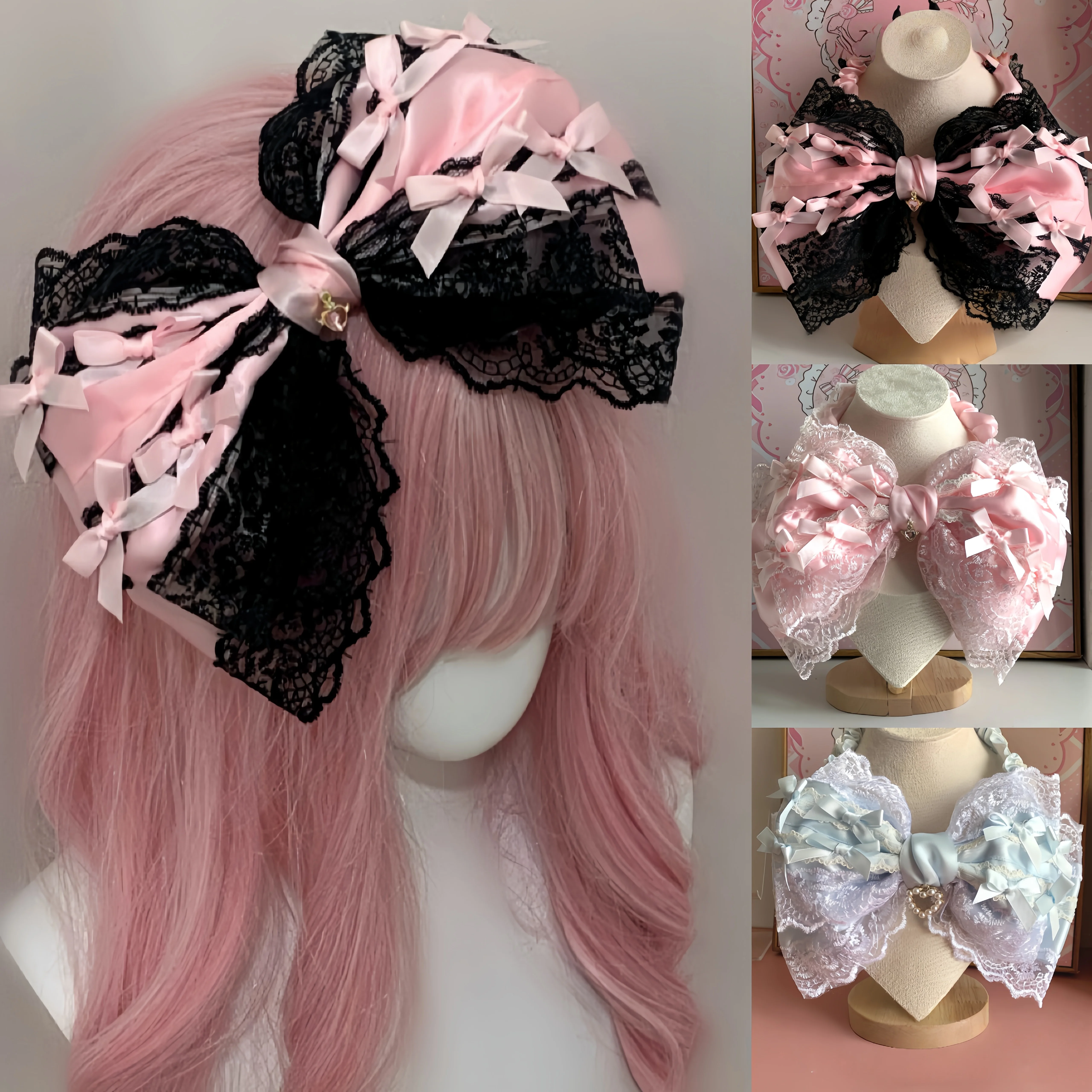 28CM Handmade Doll Ruffled Pink Lace Headband Lolita Gothic Multilayes Y2K Girl Harajuku Hairbands Princess KC Hair Accessories