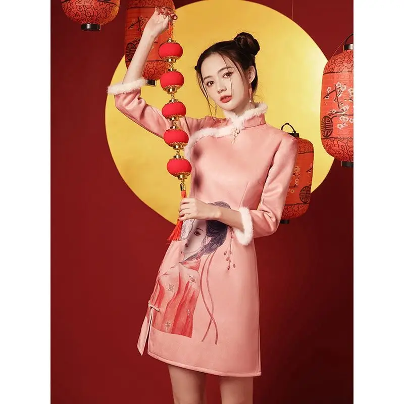 

Pink cheongsam autumn winter long sleeved girl winter style thickened winter Plush small short chinese dress qipao