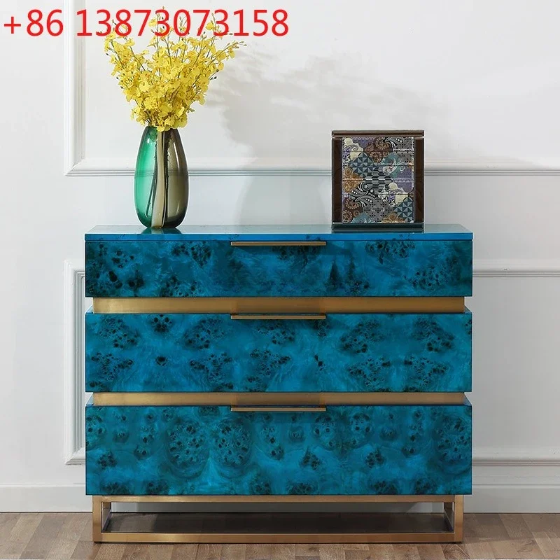 02*Italian light luxury peacock blue three-bucket cabinet American living room entrance cabinet
