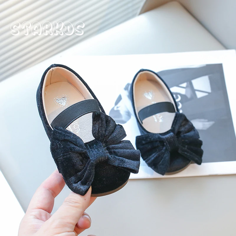 Cute Big Bowknot Velvet Ballet Flats Girls Fashion Red Mary Jane Shoes Baby Child Soft Sole Wedding Party Velour Dress Zapatos