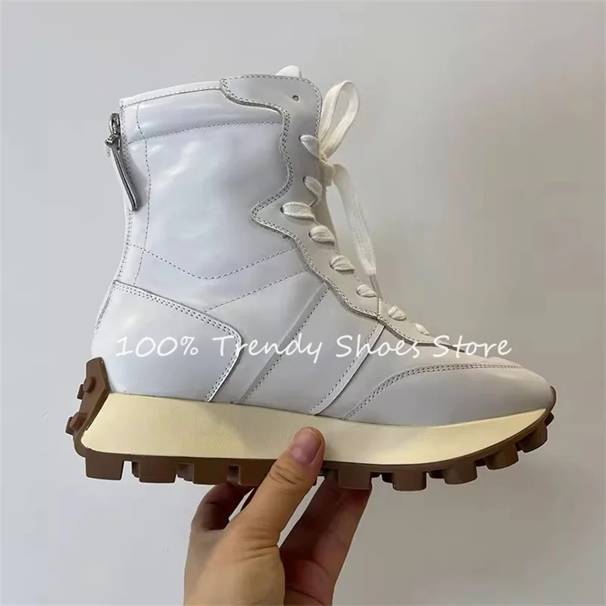 

White Cowhide Leather High Top Women Ankle Boots Outside Anti-Slip Chunky Bottom Lace-Up Sneakers Ladies Casual Sport Shoes