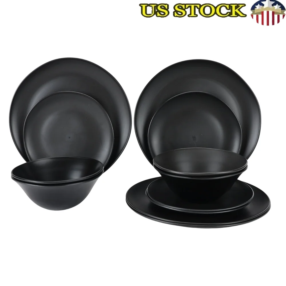 

Eco-Friendly 12-Piece Recycled Plastic Dinnerware Set Lightweight Dishwasher Safe Non-Porous Durable Tableware Everyday Dining