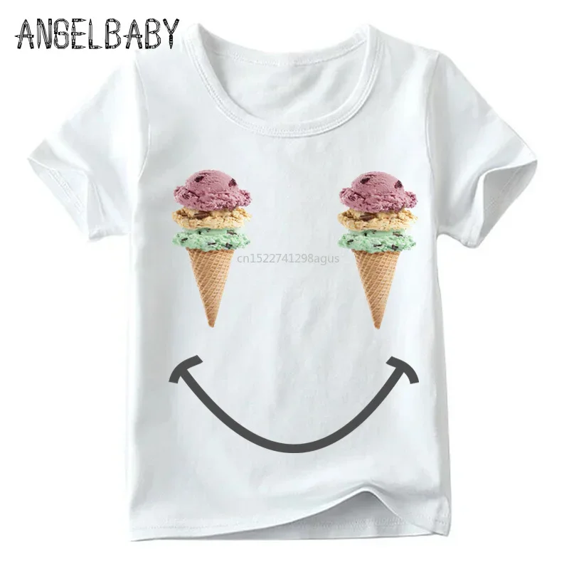 Ice Cream Smile Face Print Children Funny T shirt Boys and Girls Summer Short Sleeve Tops Kids Soft White T-shirt,ooo5041