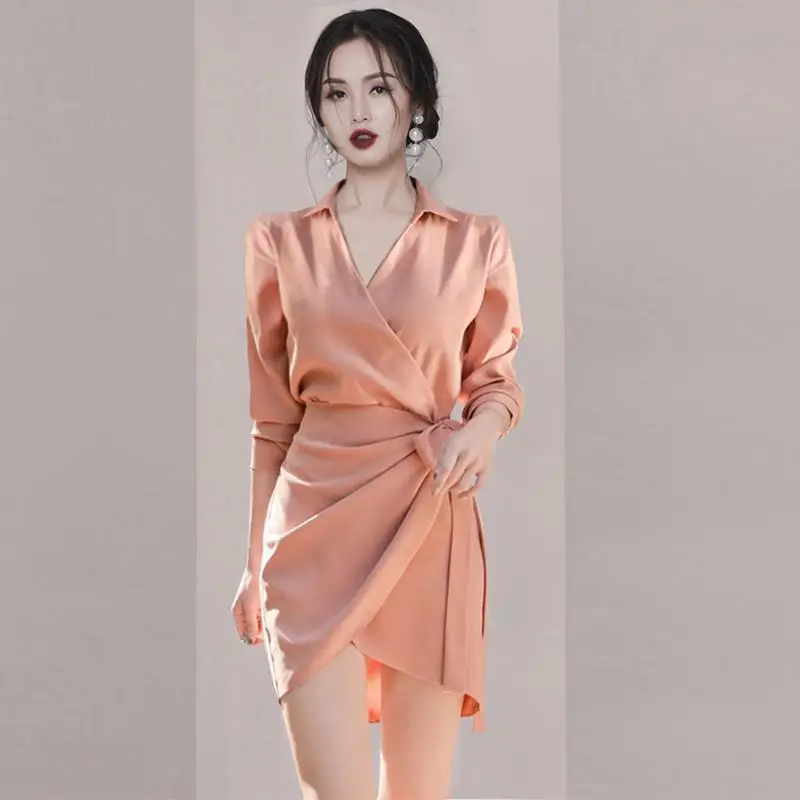 2024 Summer V Neck Shirt Dress for Women Elegant Slim Fit Tie Waist Short Sleeve Office Lady Style Fashionable OL Outfit Trendy