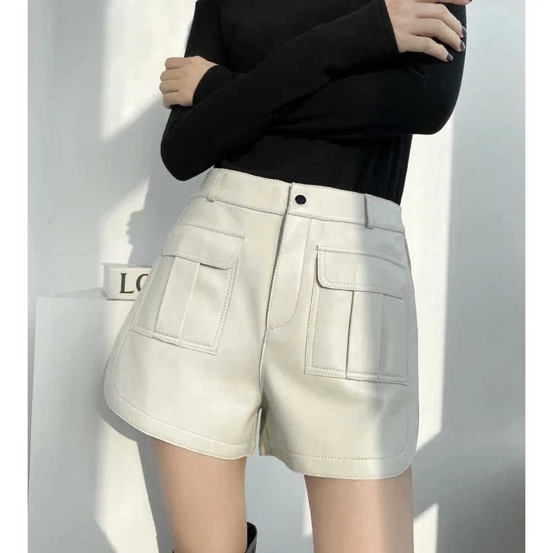 Genuine Leather Shorts Women High Waist 2026 Spring Summer Korean Fashion Pocket Casual Sheepskin White Short Pants Streetwear