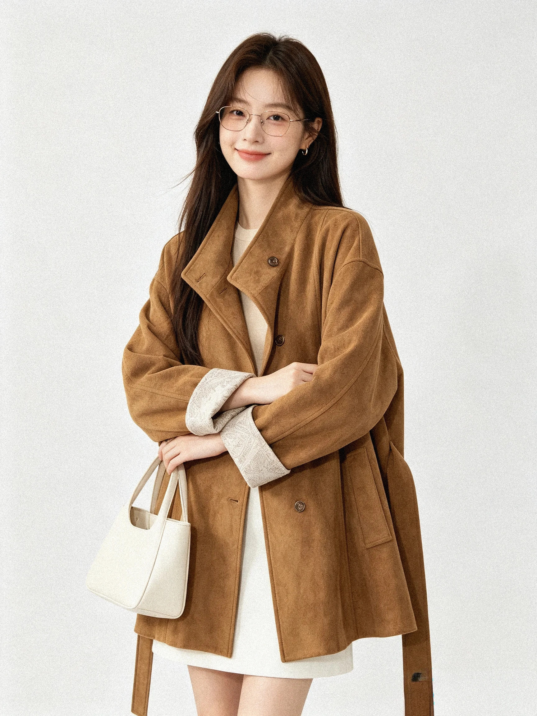 Korean Style Suede Jacket Autumn Winter Loose Fit Mid-Length Coat Color Block Sleeve Design Versatile Ladies Fashion Outerwear