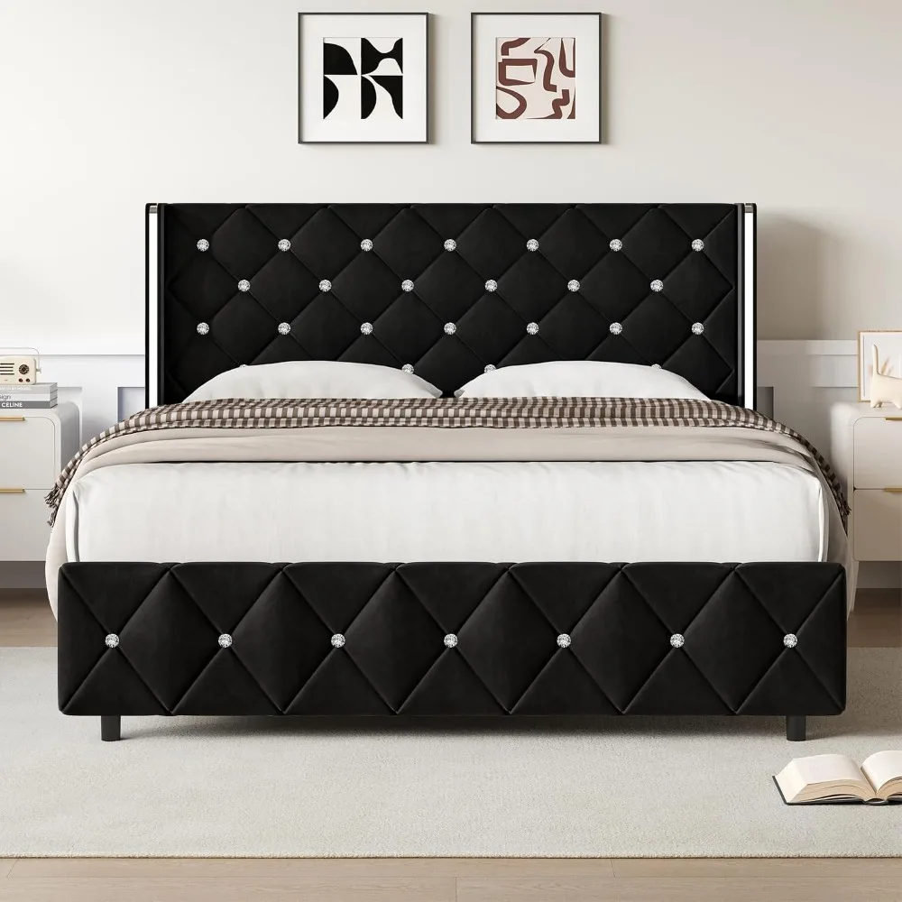 Queen Size Bed Frame, Upholstered Bed Frame with Diamond Tufted Headboard, Modern Silverside Wingback, Customized