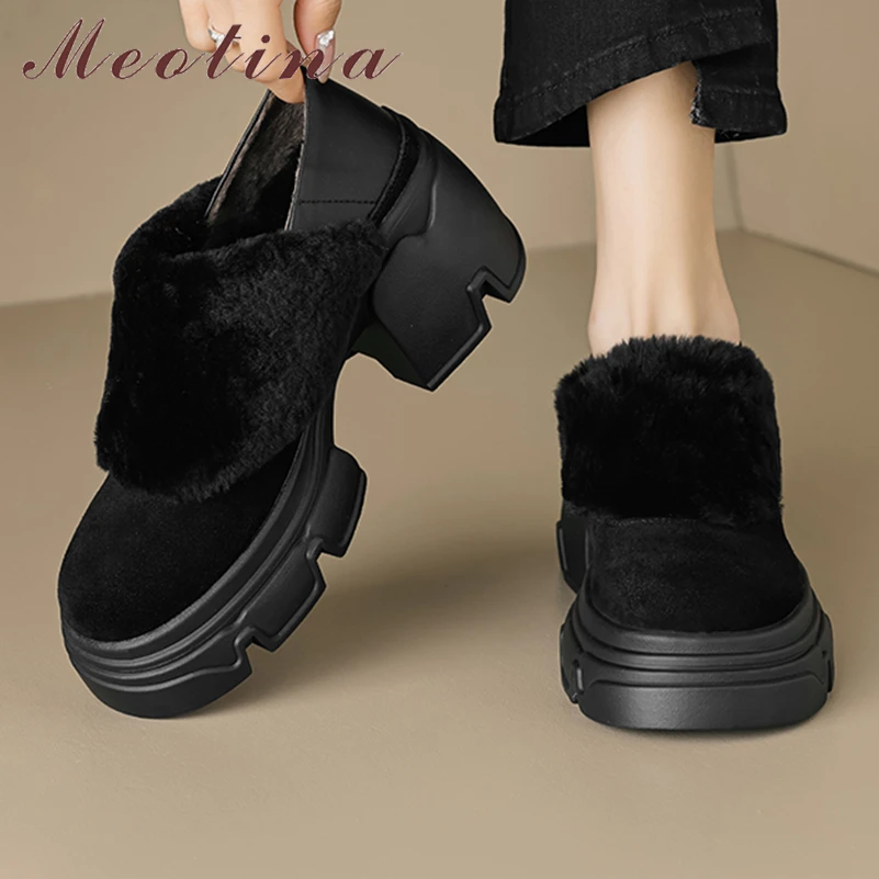 

Meotina Women Genuine Leather Pumps Round Toe Thick High Heels Wool Platform Concise Lady Fashion Shoes Winter Black Apricot 40