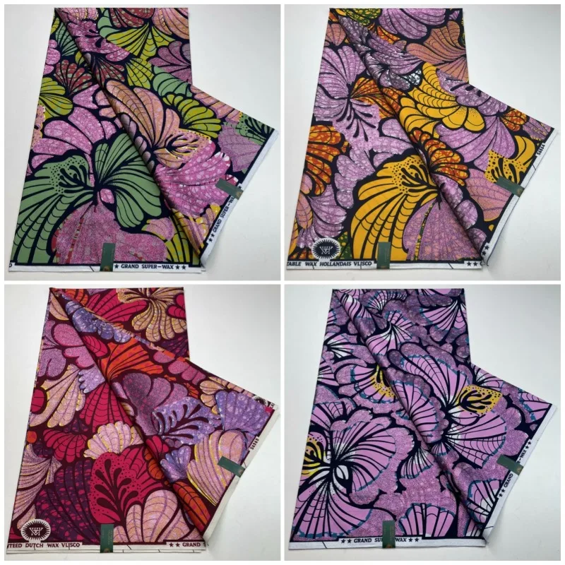 قماش مطبوع بالشمع القطني الأفريقي، قماش شمع جراند سوبر هولانداي، جليتر شمع ذهبي، 6 ياردات