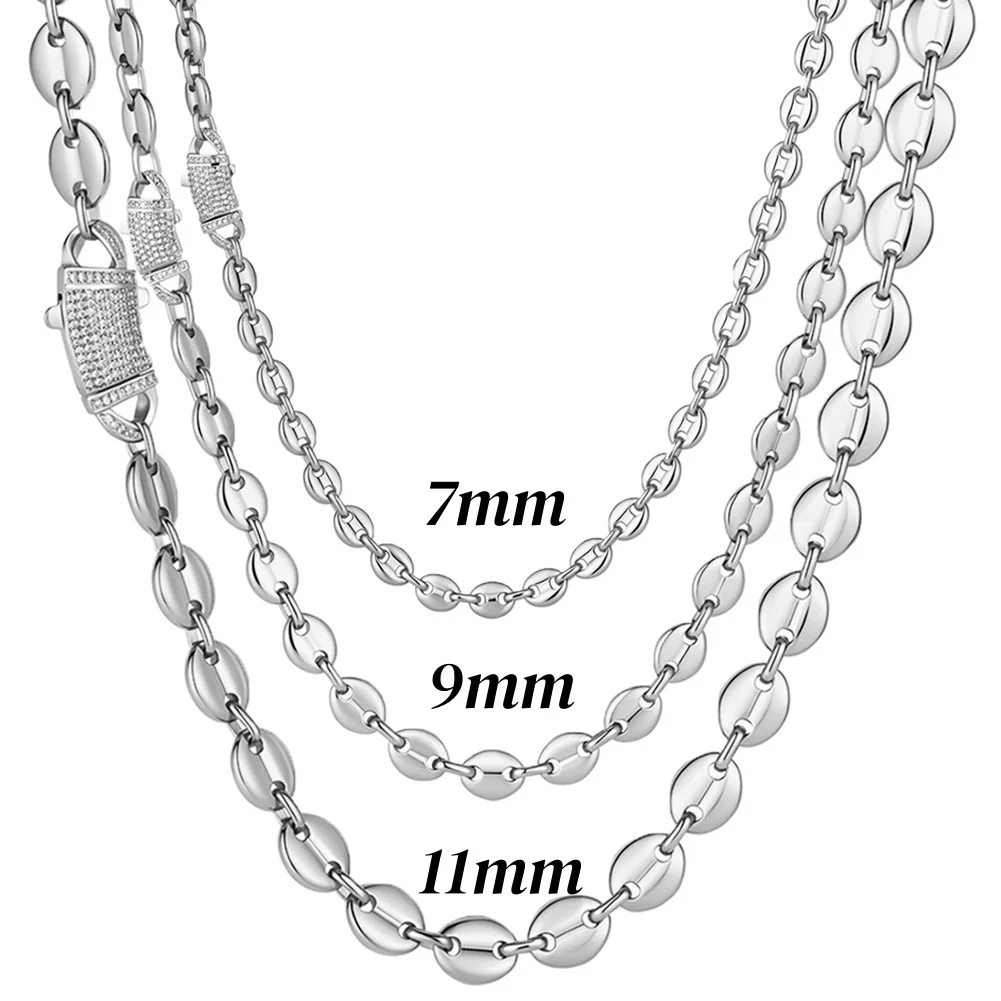 7/9/11mm New Cubiz Circonia Buckle Stainless Steel Coffee Beads Chain Necklace or Bracelet Custom-size