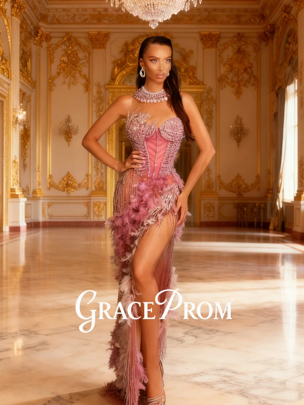 

Гламурное розовое вечернее платье со стразами и перьями 2026, элегантное платье для выпускного вечера с высоким разрезом, роскошное колье с кристаллами, ковровое платье