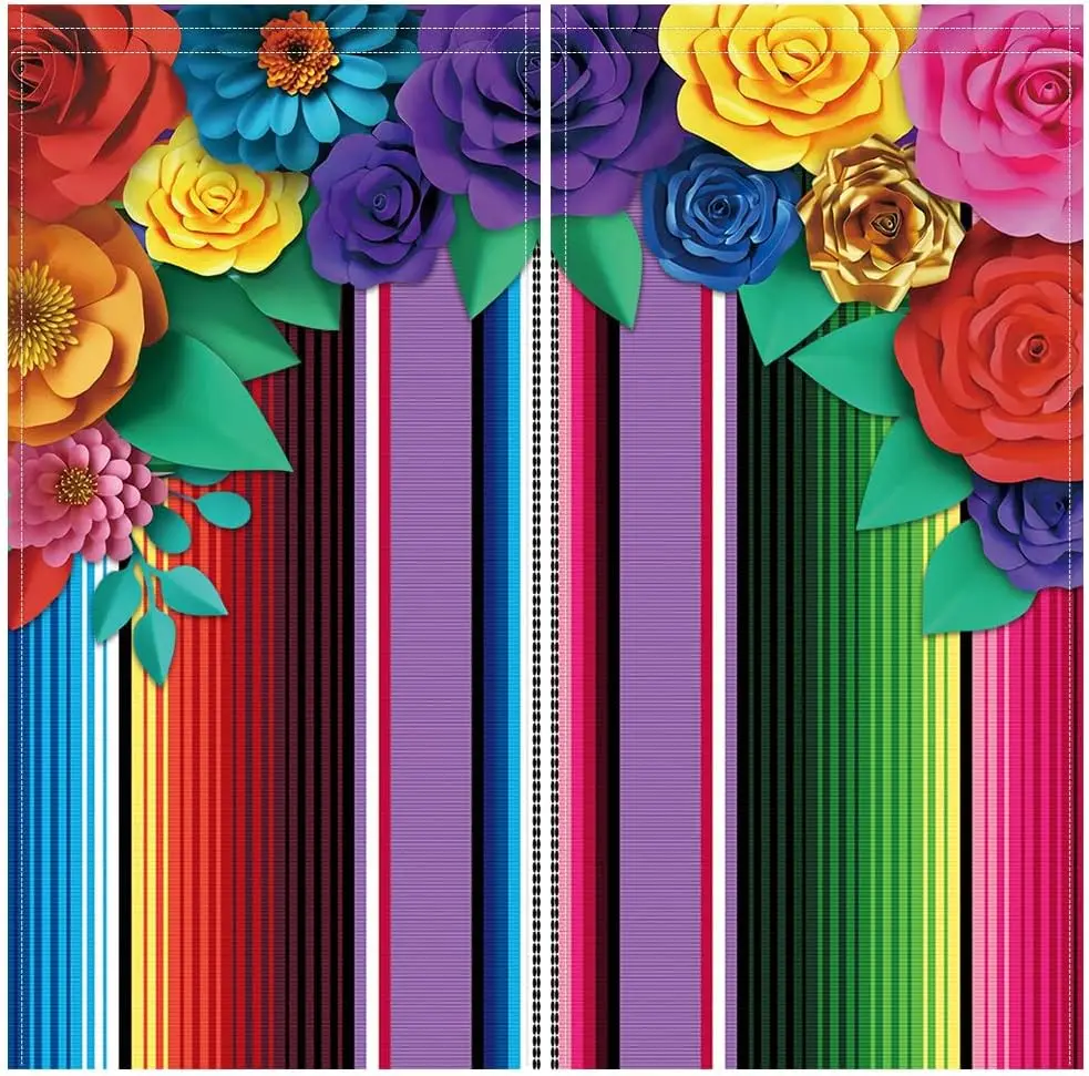 Mexican Theme Paper Flowers Window Curtain Colorful Stripe Festival Celebration Carnival Bedroom Decoration Drapes  Rod Pocket
