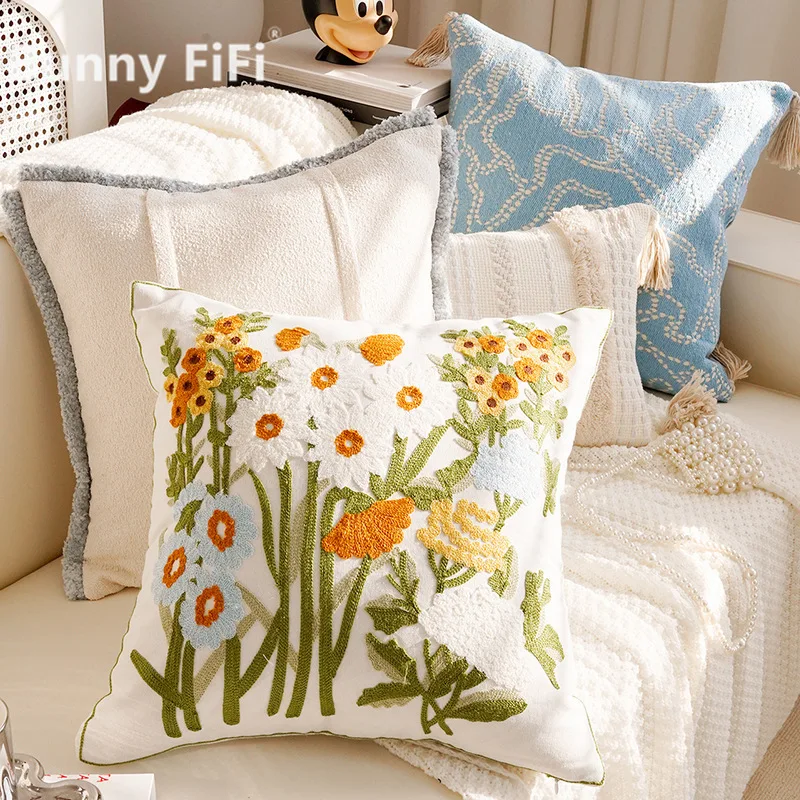 Embroidered Floral Throw Pillow Covers Colorful Flowers Plush Fur Cotton Decorative Cushion Covers For Sofa Bedroom Home Decor
