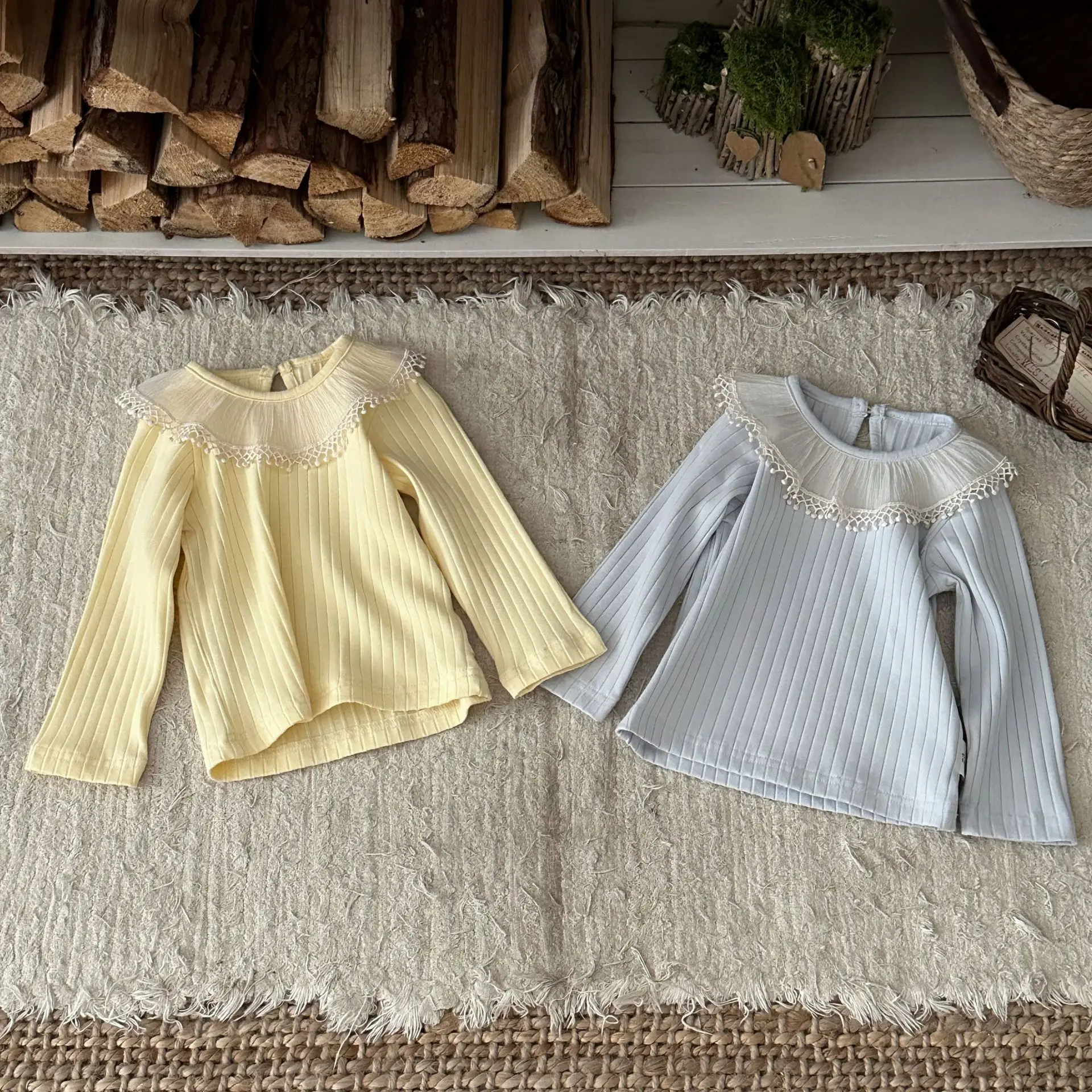 2026 Autumn New Baby Girl Long Sleeve Bottoming Shirts Solid Girls Cute Ribbed Lace Collar Tops Cotton Infant Toddler Clothes