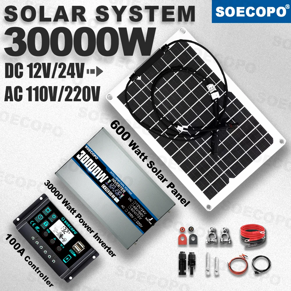 30000W Peak Solar System Kit 600W Panel DC 12V/24V To AC 110V/220V Inverter 100A Controller Complete Off Grid For Camping/Home