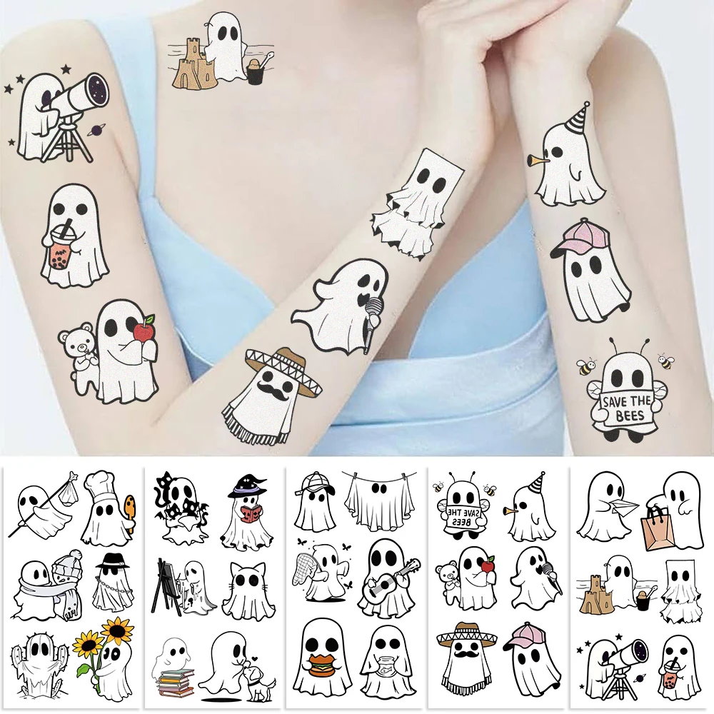 10Pcs Halloween Cute Ghost Temporary Tattoo Stickers Cartoon Horror Tattoos Stickers Waterproof Funny Decals For Kids Gift