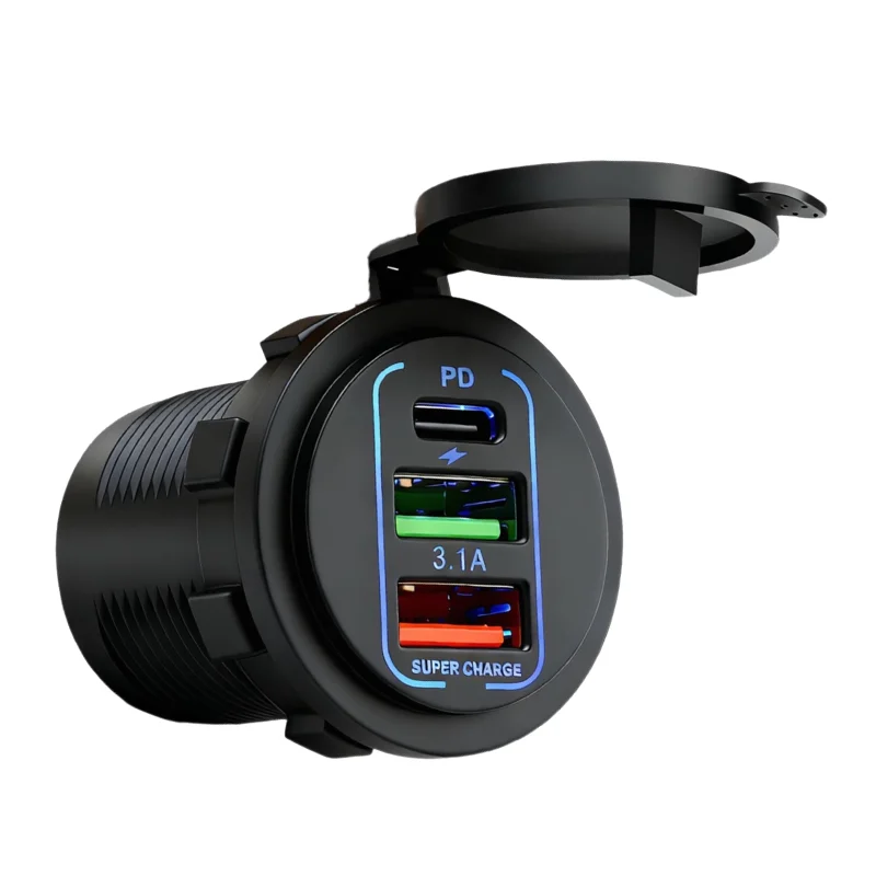 

Waterproof Fireproof PD Dual QC 3.0 USB-C Car Charger 53W with Voltmeter Socket Power Outlet Adapter for 12-24V Car Boat