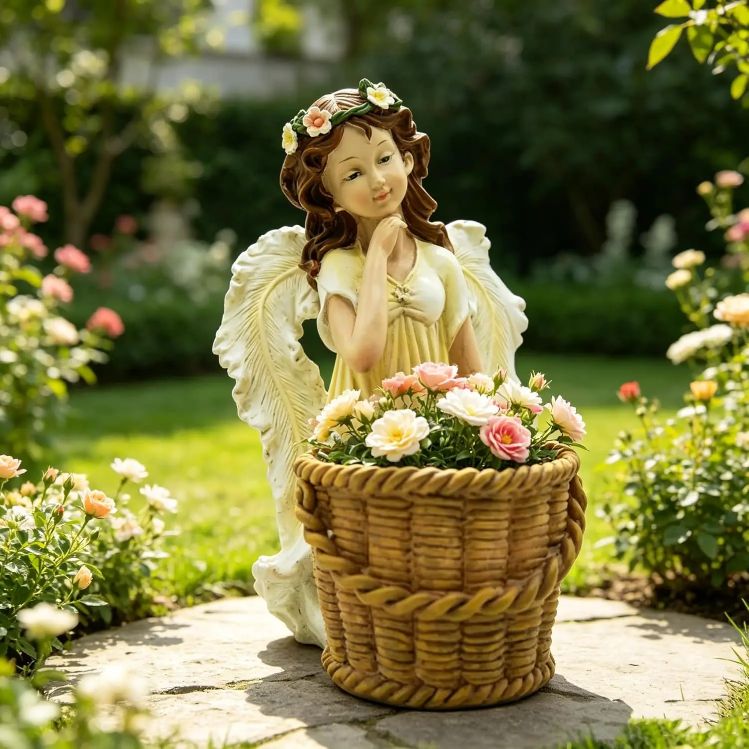 Planter, 11.8 Inch Hand Painted Resin Fairy Flower Pot, Decorative Outdoor Patio Figurine