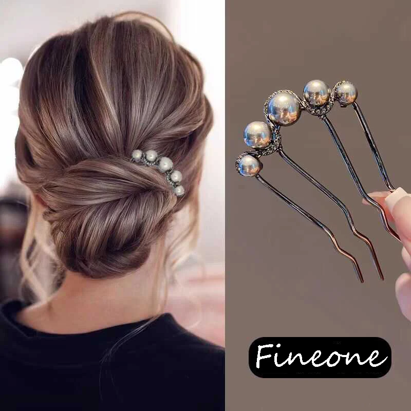 New Metal Vintage Hairpin Black Pearls Hair Sticks Long Hair Bun Fixed Hair Accessories