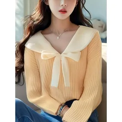 Lapel Bow Soft Sweater Knitted Pullover 2024 Early Autumn New Office Lady Gentle Long-sleeved Versatile Commuter Top
