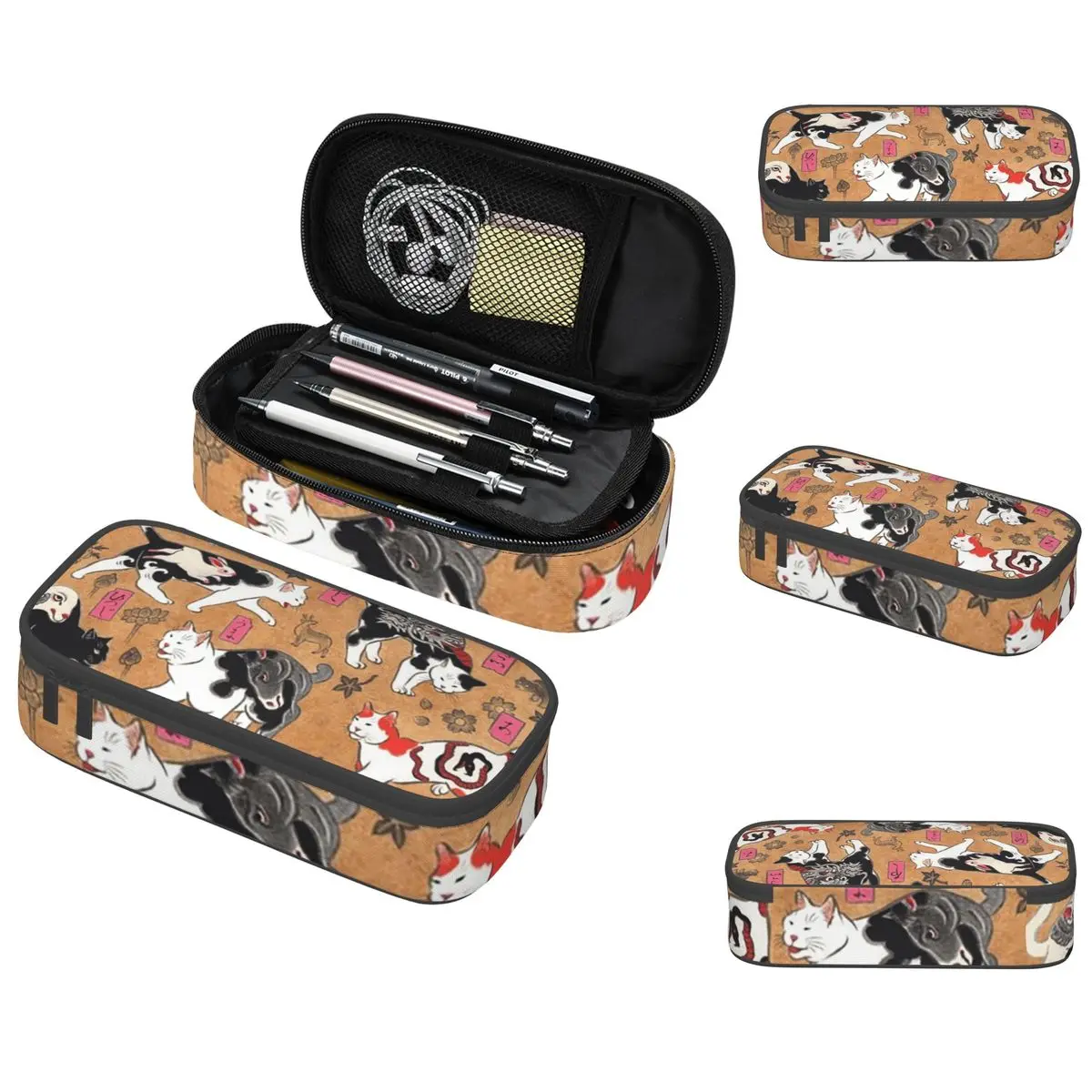 Antique Japanese Woodblock Print Cats With Tattoos Pencil Cases Big Capacity Pen Bags Pen Box Pencil Pouch For Boys Students