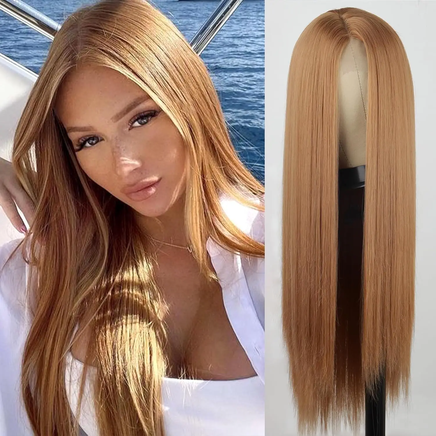 4*1 Lace Synthetic Wigs 12 #   Light Brown Long Straight Wig Heat Resistant Fiber Natural Hairline Women Wig 22 Inch For Daily