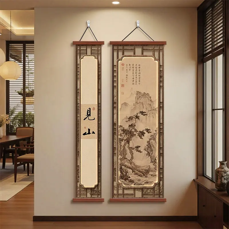Chinese Ink Painting, Auspicious Mountain Backdrop Wall Art for Entryway, Elegant Scroll for Corridor Decoration Poster