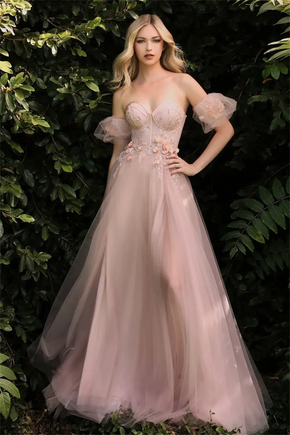 Customized Elegant 2024 Heart Shaped Neck Tulle Prom Dress With Puffy Sleeves And High Split A Line Evening Gown For Spec