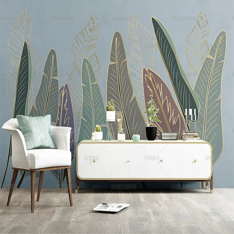 Customized product 3D Nordic simple tropical plant leaves gold line wallpaper living room background dining room bedroom mural