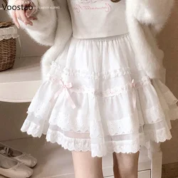 Japanese Sweet Lolita Style Mini Skirt Women Cute Y2k Lace Ruffles Bow Party Skirts Korean Girls Vintage Kawaii Mesh Short Skirt