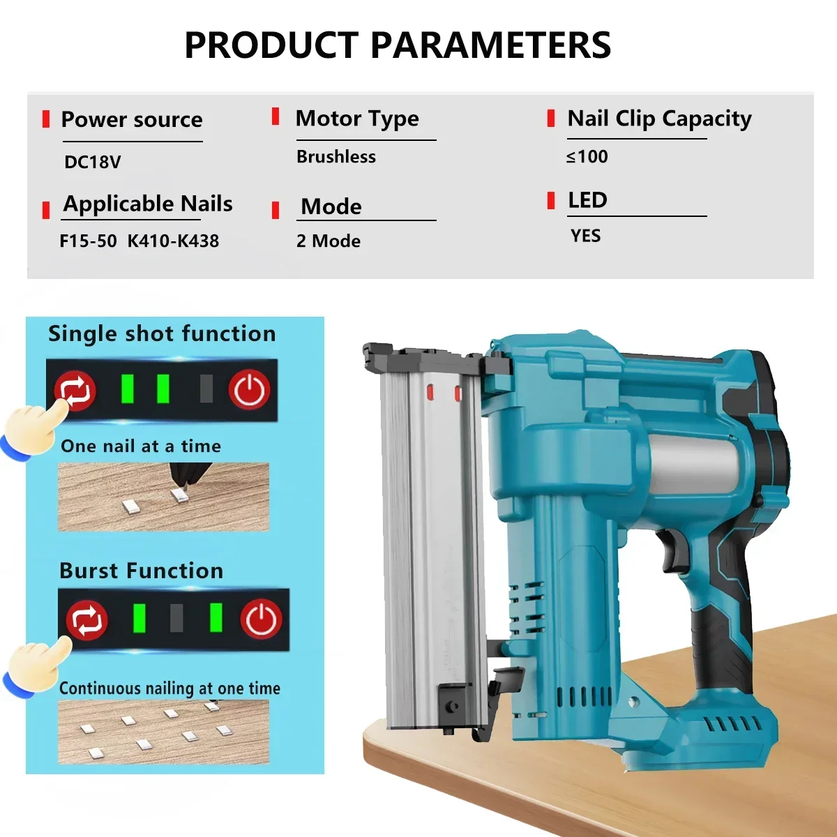 Bezszczotkowy, bezprzewodowy, elektryczny pistolet do gwoździarki 2 w 1 z gwoździem F30/F40/F50/K438 do akumulatora Makita 18 V (bez akumulatora)