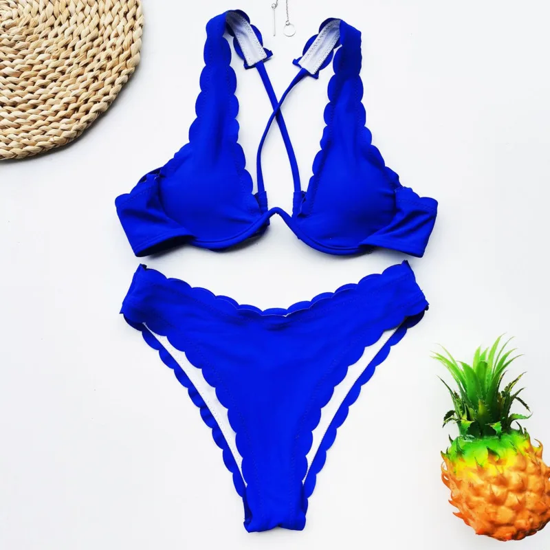 Sexy Ruffle Thong Swimwear Girl Summer Push Up Biquini Dwuczęściowe kostiumy kąpielowe Underwire Bikini Set Micro Solid Swimsuit Women