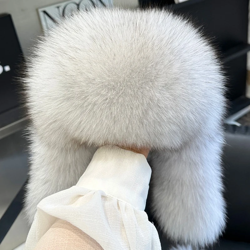 2024 100% Real Fox Fur Hats Women\'s Russian Ushanka Aviator Trapper Snow Skiing Hat Caps Earflap Winter Raccoon Fur Bomber Hat