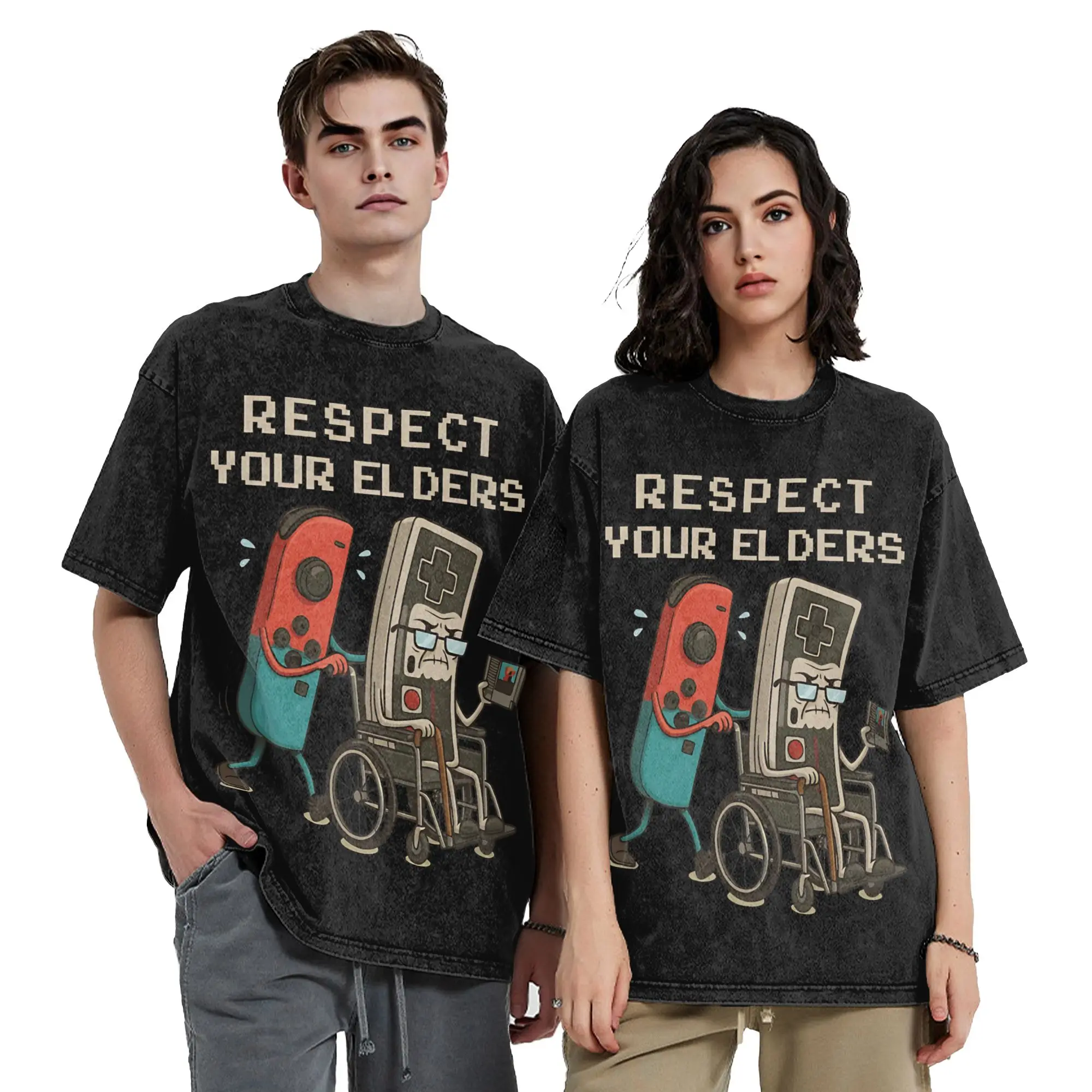Respect Your Elders Retro Gaming Funny Gamer Controller Vintage Washed T-Shirt 100%Cotton Short Sleeve  O-neck Summer Tops
