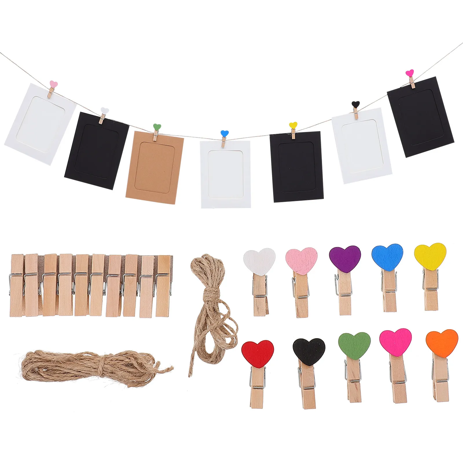 1Set DIY Wall Photo Banner Thickened Paper Wood Hanging Frame 6 Inch Clamp Hemp Rope Birthday Party Decoration Garland