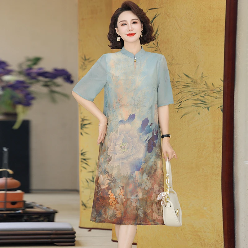 Robe longue élégante pour femmes, Style chinois, légère, à la mode, sensation haut de gamme, robe imprimée de fleurs