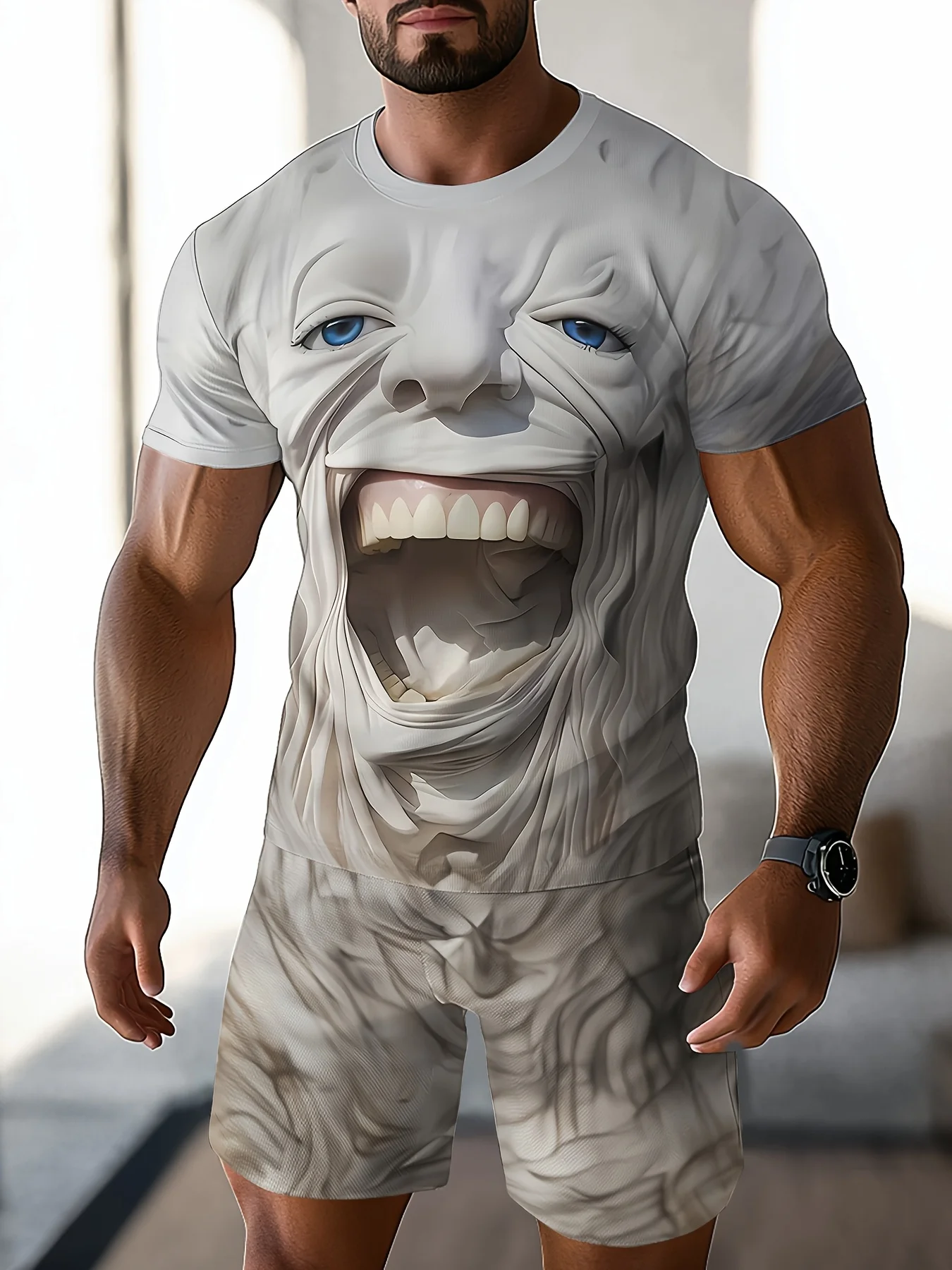 Set Dua Potong Pria Musim Panas Kemeja Lengan Pendek Gambar Cetak Otot Personalisasi 3D dan Celana Pendek Kemeja Celana Pendek Nyaman dan Sejuk