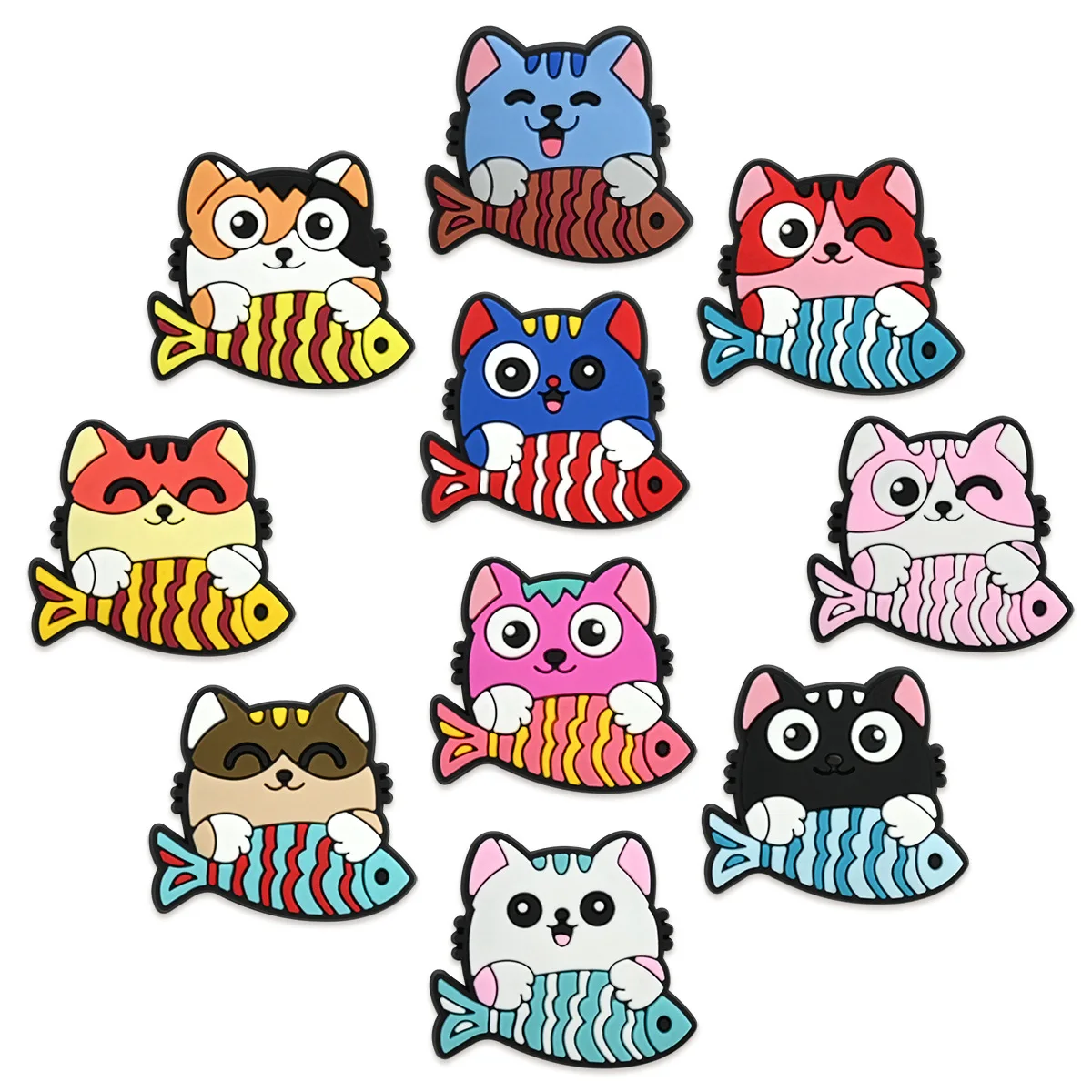 Niedliche Katzen-Fisch-Schuh-Charms aus PVC, Clog-Schnallen, Cartoon-Kätzchen mit Fisch, DIY-Sandalen-Tier-Deko-Ornament, Geschenk