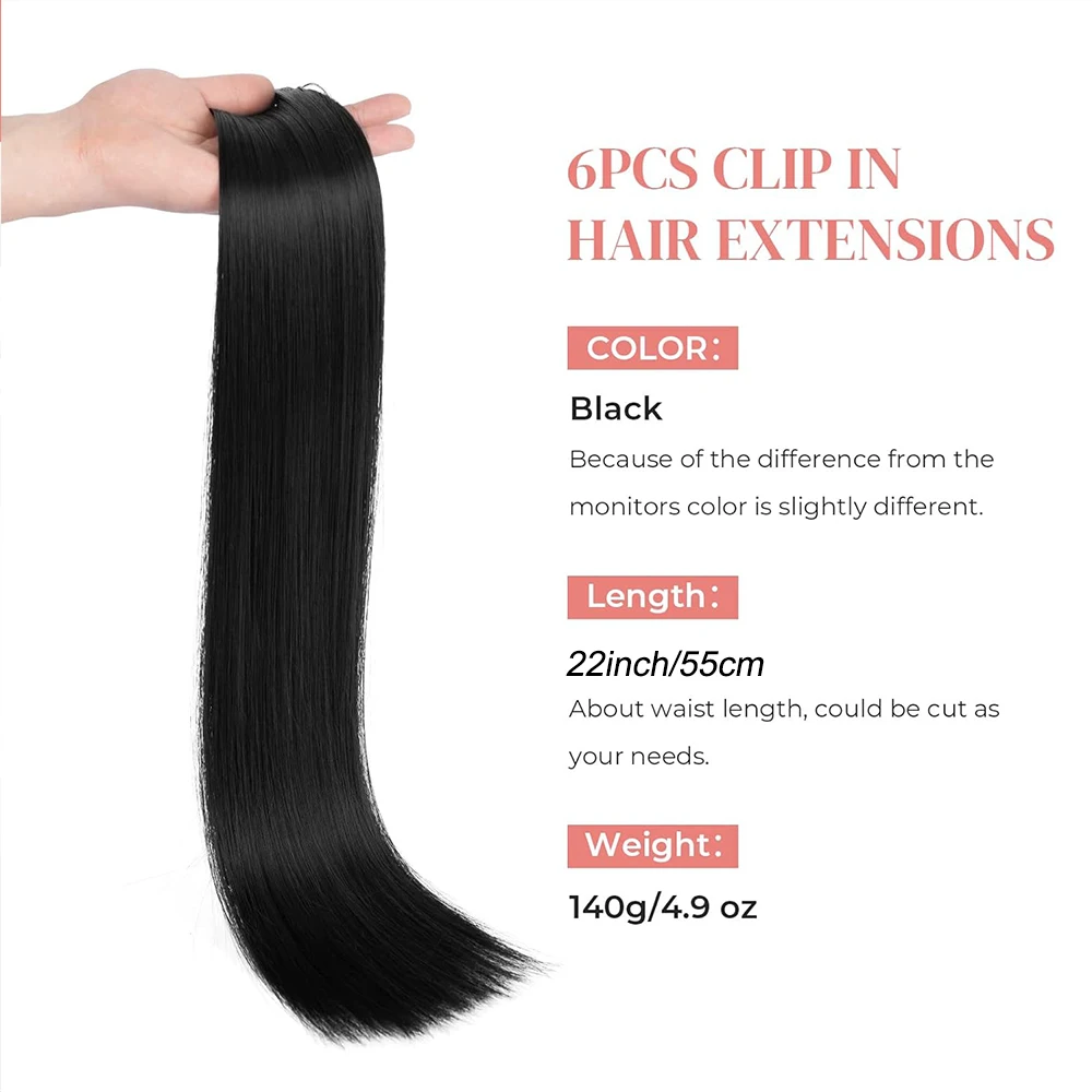 22Inchs 16 Clips in Hair Extensions Long Black Hairstyle Long Straight Synthetic Clip On Hairpiece For Women Natural Black