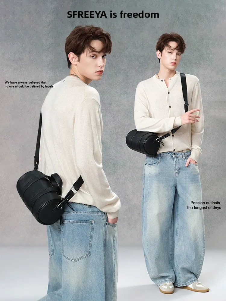 Casual Men's Crossbody Bag Vintage Commuter Slouchy Sensation Single Shoulder Bag Leisure All-Match Youth round Box Shape Lea...