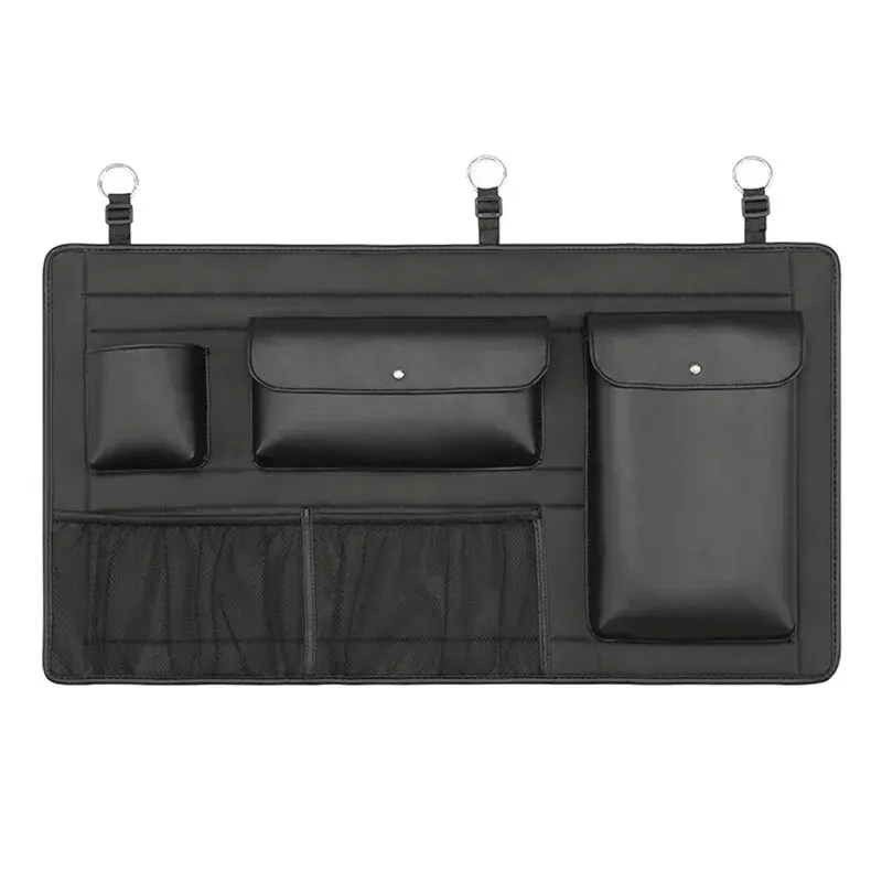 SUV Car Trunk Back Seat Organizer Hanging Leather Auto Seat Back Hanging Storage Bag Adjustable Straps Travel Bottle Net Pockets