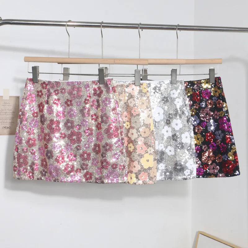 Anti Exposure Lined Short Skirt For Women Heavy Beaded Sequin Floral A Line Mini Skirt High Waist Slim Bodycon Hip Skirt8158