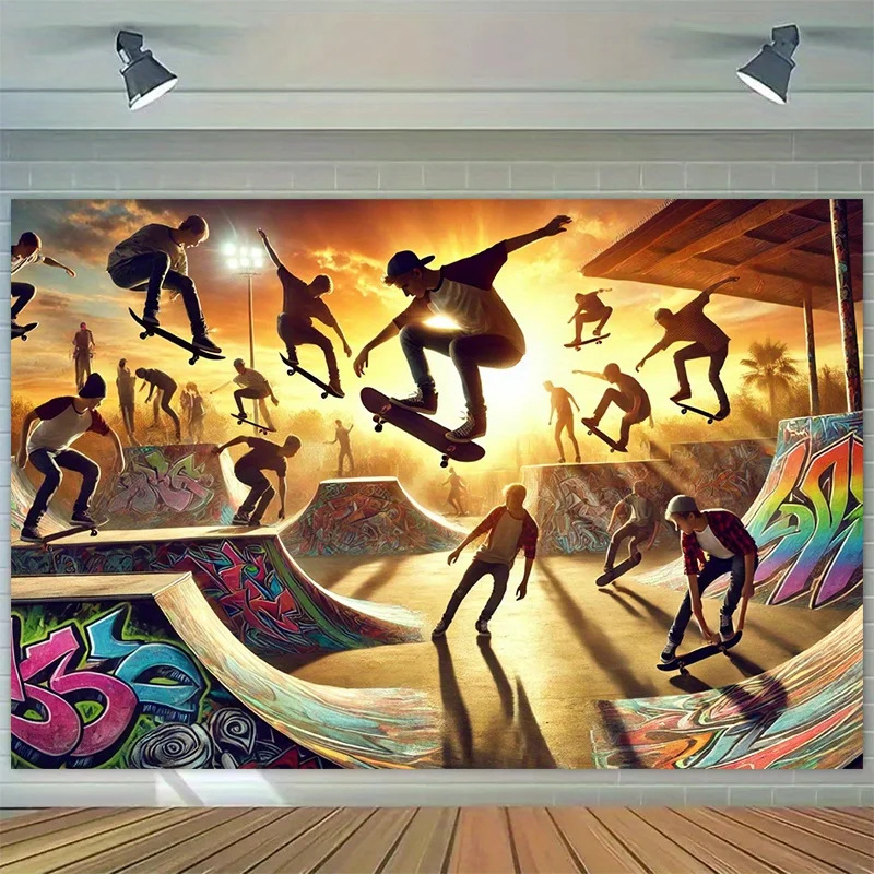 Skateboard Park Action Scene Graffiti Ramps Sunset Skateboarding Adventure Tapestry Wall Hanging for Teen Room Sports ThemeDecor