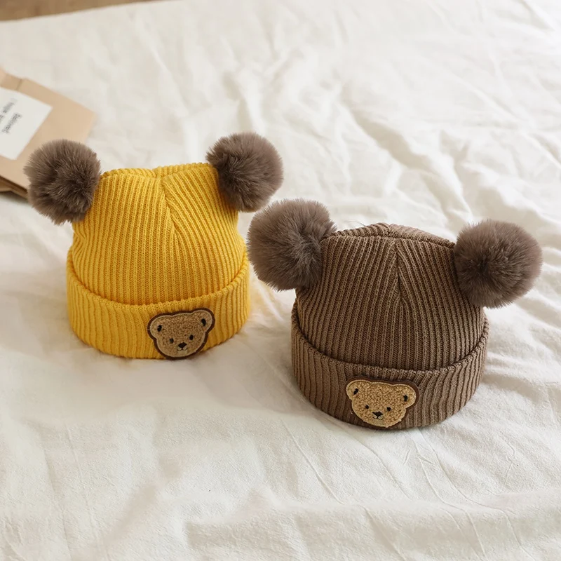 Winter Autum Children Baby Warm Knitted Hat With Pom Cute Bear Pattern Knit Beanie Cap for Infant Newborn Boys Girls Accessories