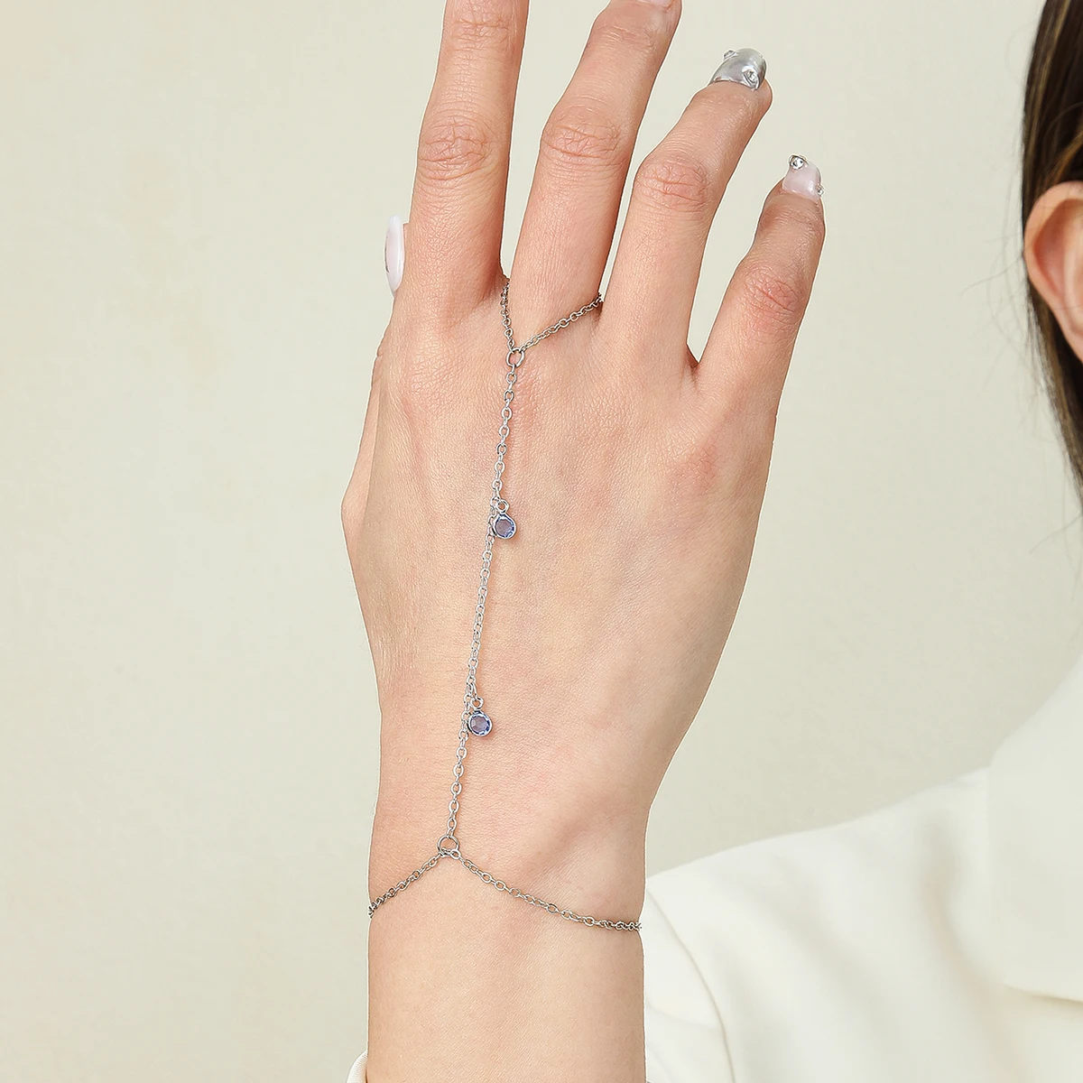 Vintage Bluish Wiolet Crystal Tassels Charm Boho Wrist Bracelet for Women Finger Ring Chains Simple Lady Aesthetic Jewelry Set