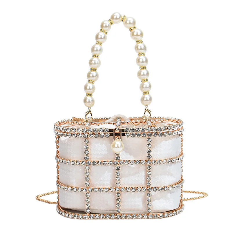 Diamonds Basket Evening Clutch Bags Women 2023 Luxury Hollow Out Pearl Beaded Metallic Cage Handbags Ladies Wedding Party Purse