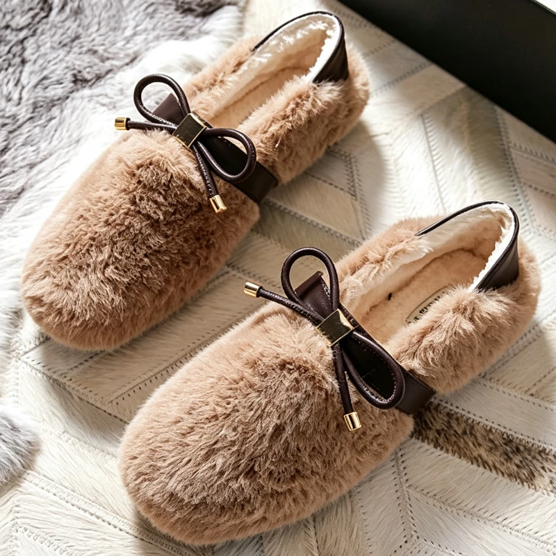 Sweet Butterfly Knot Metal Detail Fuzzy Loafers Women Fashion Round Toe Slipon Flats Shoes Winter Comfortable Warm Casual Shoes