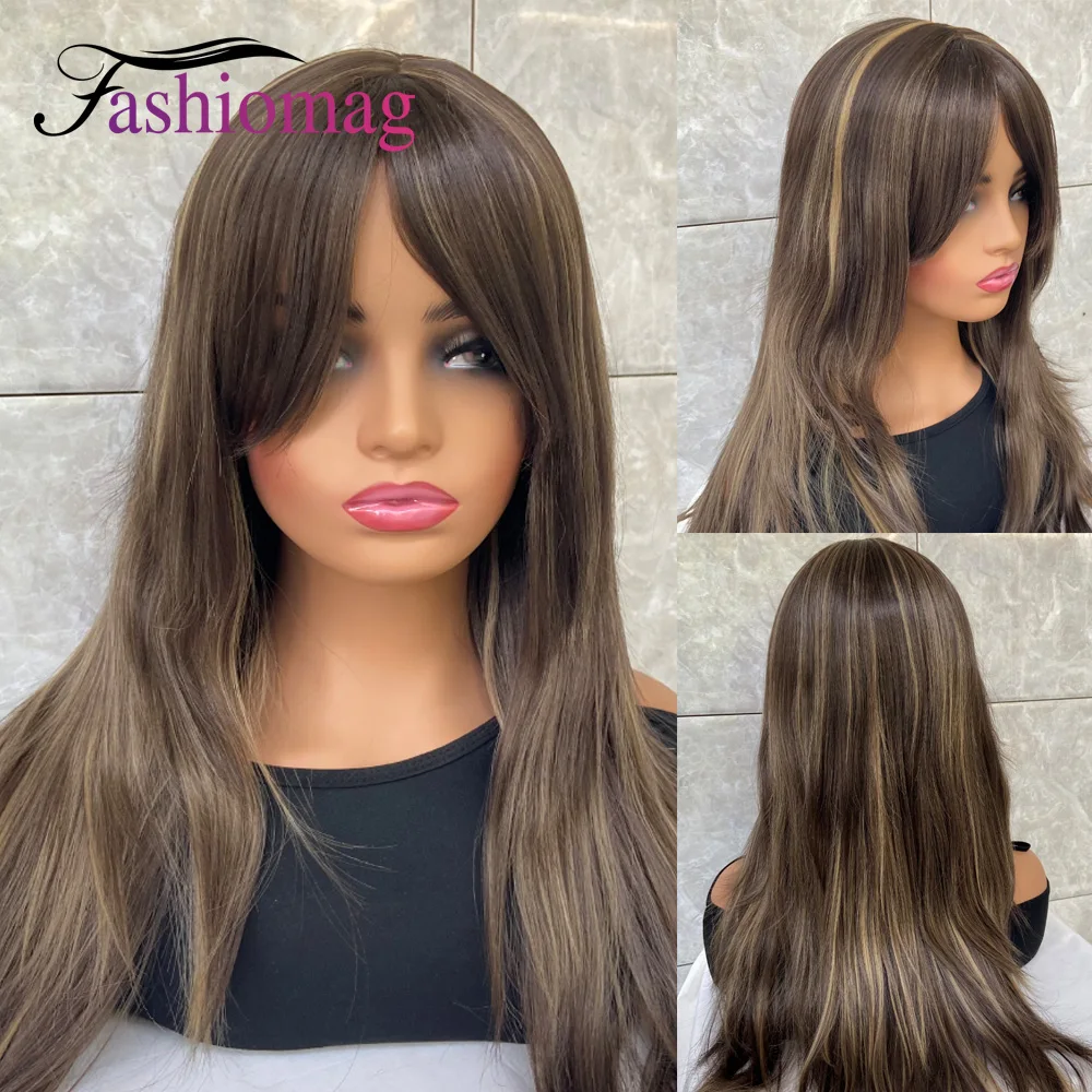 

Fashiomag Long Straight Brown Mix Highlight Synthetic Hair Wigs For Black Women Soft Natural Daily Use