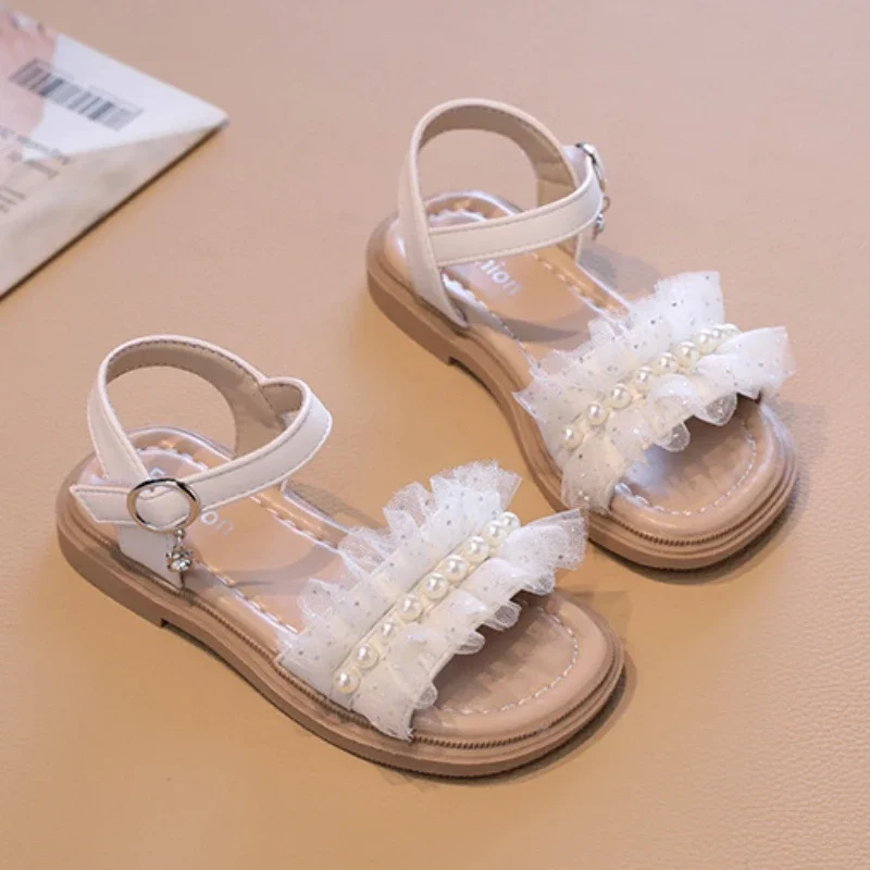 

Kids Sandal Sweet Lace Pleated Girls Summer Shoes Fashion Causal Elegant Children Pearl Open-toe Wedding Flat Sandals Non-slip